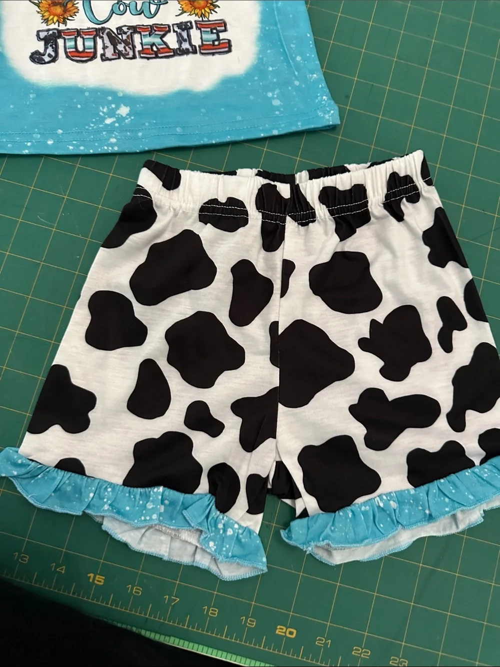 Cow Junkie Girls Matching Set - Turquoise Tee & Cowprint Shorts